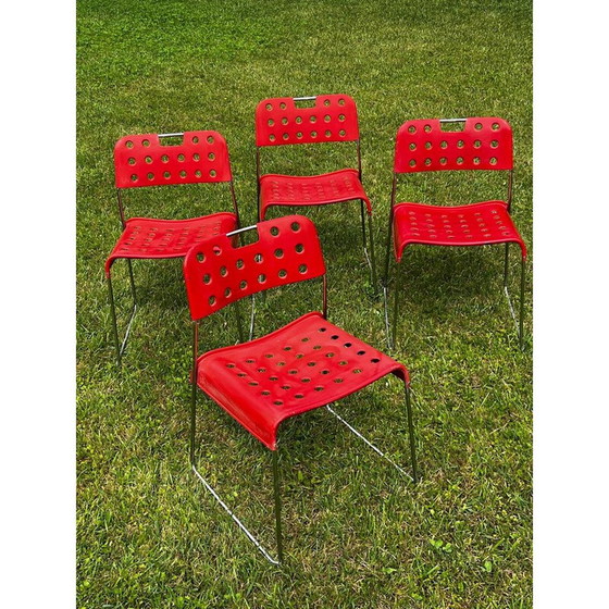 Image 1 of Set of 9 vintage Omstak chairs in lacquered metal and chromed steel by Rodney Kinsman for Bieffeplast, Italy 1960