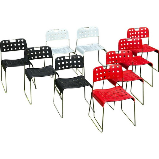 Set of 9 vintage Omstak chairs in lacquered metal and chromed steel by Rodney Kinsman for Bieffeplast, Italy 1960