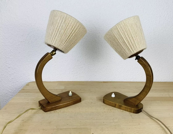 Image 1 of Pair Of Art Deco Curved Wood And Wool Lamps