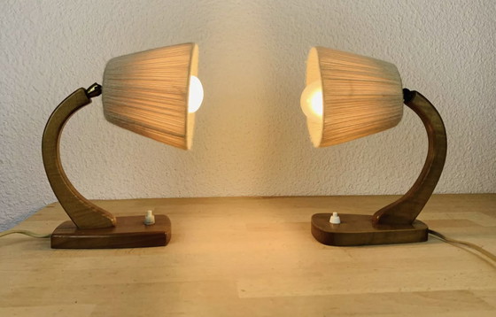 Image 1 of Pair Of Art Deco Curved Wood And Wool Lamps