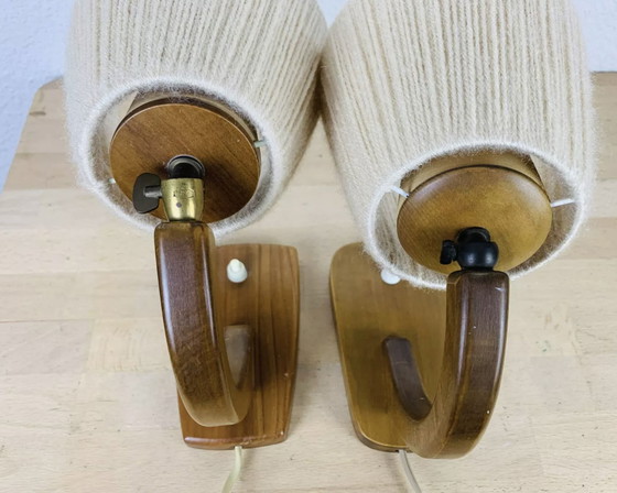 Image 1 of Pair Of Art Deco Curved Wood And Wool Lamps