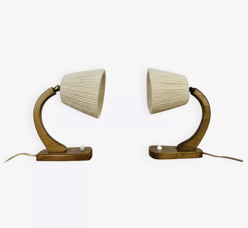 Pair Of Art Deco Curved Wood And Wool Lamps