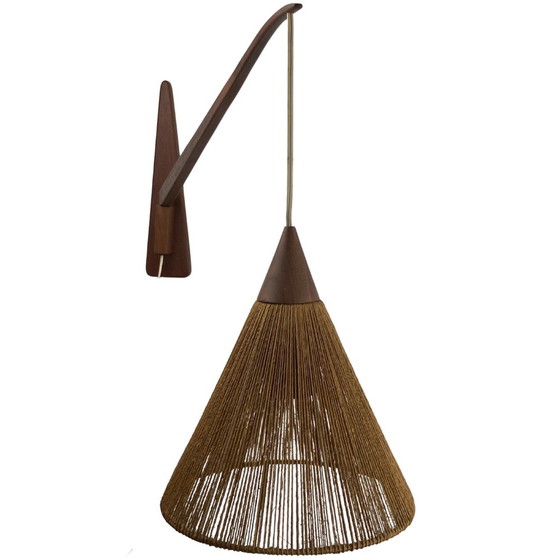 Image 1 of 2x Teak Sisal And Brass Arc Swing Wall Lamps