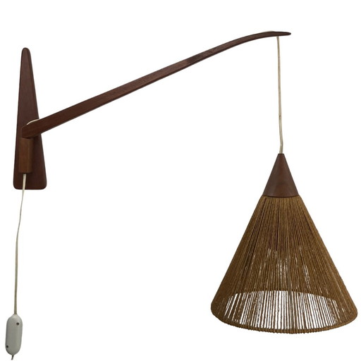 2x Teak Sisal And Brass Arc Swing Wall Lamps