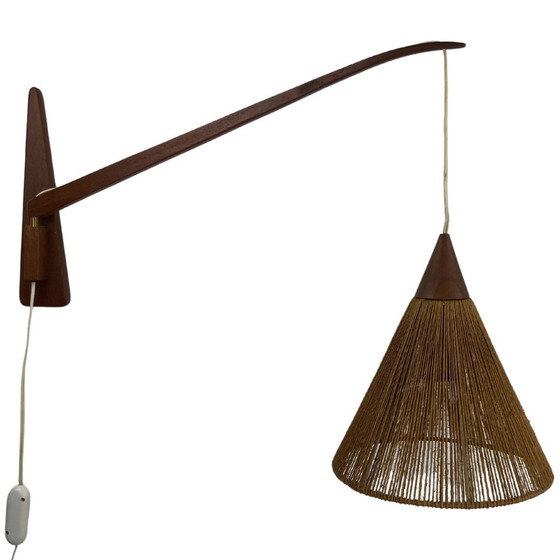 Image 1 of 2x Teak Sisal And Brass Arc Swing Wall Lamps