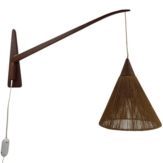 Image 1 of 2x Teak Sisal And Brass Arc Swing Wall Lamps