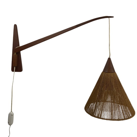 Image 1 of 2x Teak Sisal And Brass Arc Swing Wall Lamps