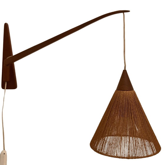 Image 1 of 2x Teak Sisal And Brass Arc Swing Wall Lamps