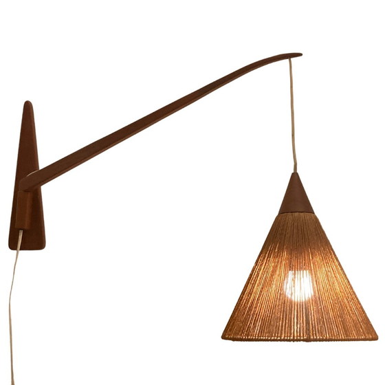 Image 1 of 2x Teak Sisal And Brass Arc Swing Wall Lamps