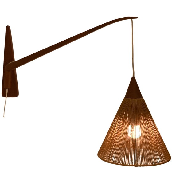 Image 1 of 2x Teak Sisal And Brass Arc Swing Wall Lamps