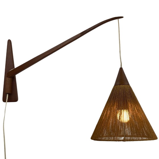 Image 1 of 2x Teak Sisal And Brass Arc Swing Wall Lamps