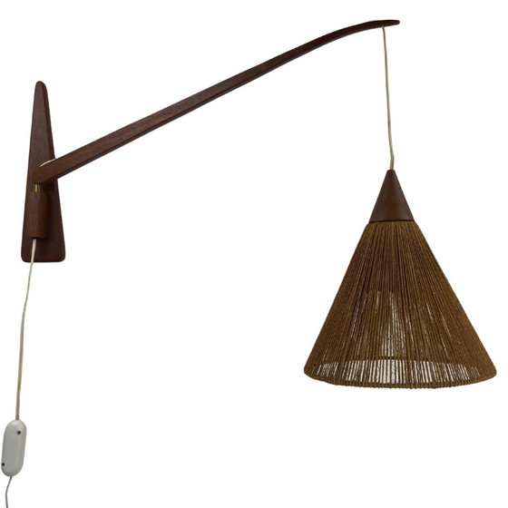 Image 1 of 2x Teak Sisal And Brass Arc Swing Wall Lamps