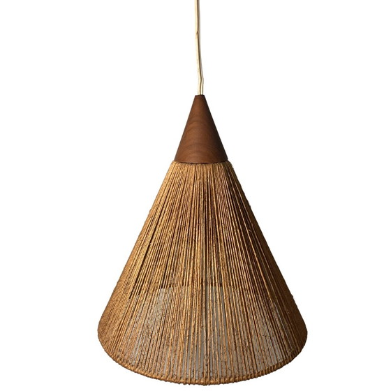 Image 1 of 2x Teak Sisal And Brass Arc Swing Wall Lamps