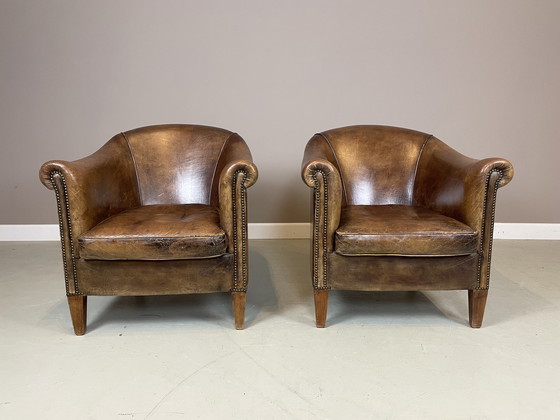 Image 1 of 2x poltrone club in pelle di pecora Nico v Oorschot vintage