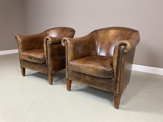 Image 1 of 2x Fauteuils club en peau de mouton Nico v Oorschot vintage