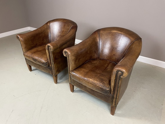 Image 1 of 2x poltrone club in pelle di pecora Nico v Oorschot vintage