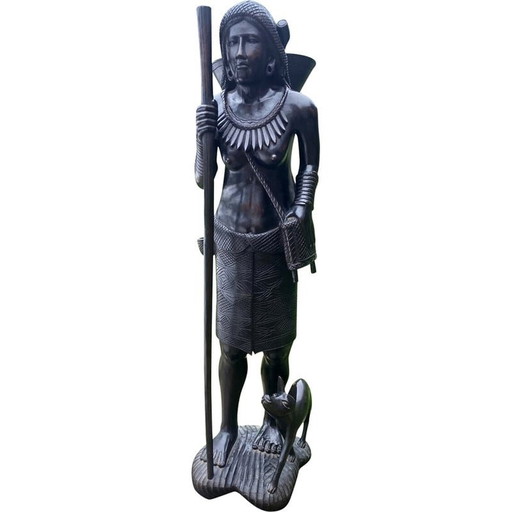 Vintage wooden sculpture of a young woman and her dog, Philippines 1950