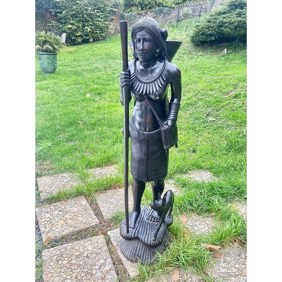 Image 1 of Vintage wooden sculpture of a young woman and her dog, Philippines 1950