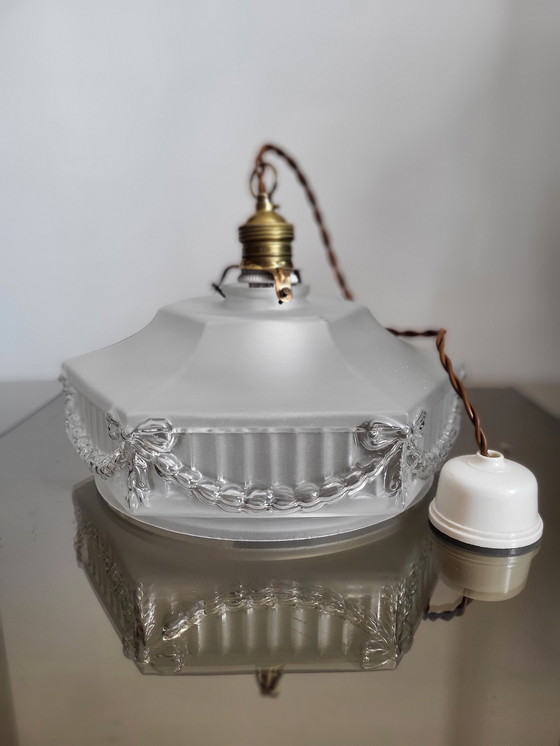 Image 1 of Art nouveau pendant lamp, frosted glass with decor bows and brass fixture