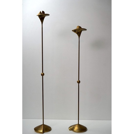 Image 1 of Pair of vintage bronze candlesticks with floral motif, Germany 1960