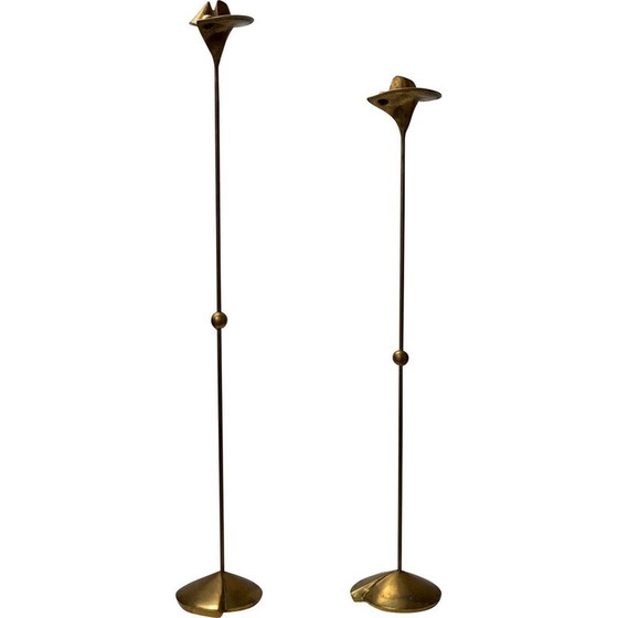 Image 1 of Pair of vintage bronze candlesticks with floral motif, Germany 1960