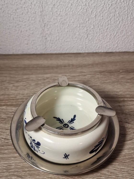 Image 1 of Rare Delft Blue Dovo Holland Porcelain Chrome Ashtray