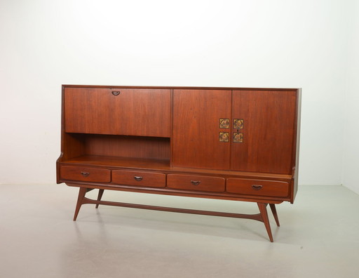 Louis Van Teeffelen Design Teak Wooden High Sideboard For Webe With Ceramic Ravelli Tiles. The Netherlands, 1960S.