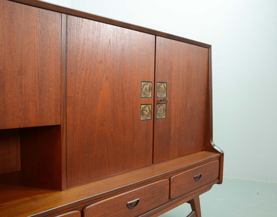 Image 1 of Louis Van Teeffelen Design Teak Wooden High Sideboard For Webe With Ceramic Ravelli Tiles. The Netherlands, 1960S.