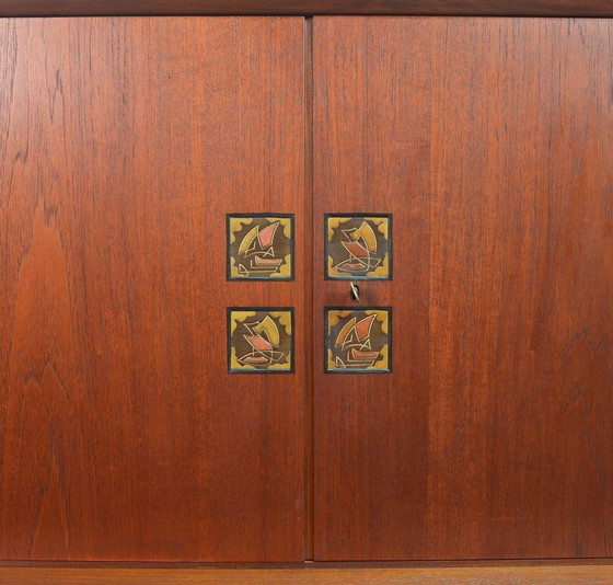 Image 1 of Louis Van Teeffelen Design Teak Wooden High Sideboard For Webe With Ceramic Ravelli Tiles. The Netherlands, 1960S.