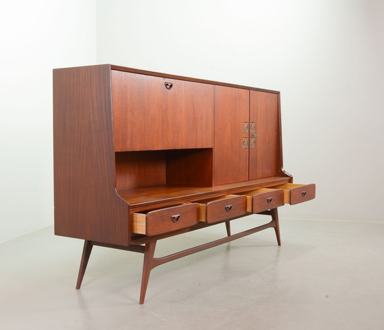 Image 1 of Louis Van Teeffelen Design Teak Wooden High Sideboard For Webe With Ceramic Ravelli Tiles. The Netherlands, 1960S.