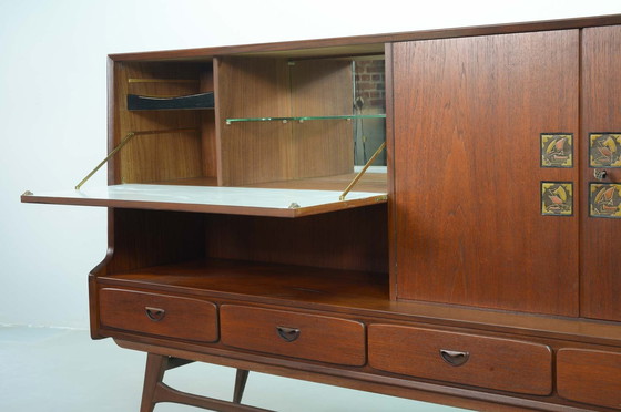 Image 1 of Louis Van Teeffelen Design Teak Wooden High Sideboard For Webe With Ceramic Ravelli Tiles. The Netherlands, 1960S.