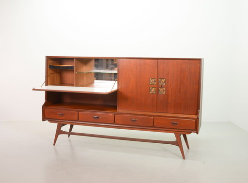 Louis Van Teeffelen Design Teak Wooden High Sideboard For Webe With Ceramic Ravelli Tiles. The Netherlands, 1960S.