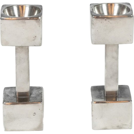 Image 1 of Pair of vintage cast aluminum candlesticks, Denmark 1960