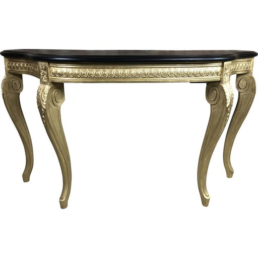 Consolle vintage in legno intagliato con piano in legno cerato nero, 1980