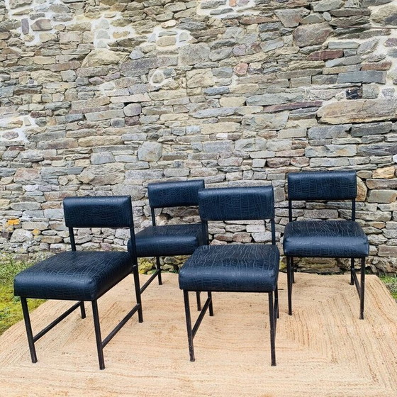 Image 1 of Set of 4 vintage low chairs in black metal and matte black skai, 1980