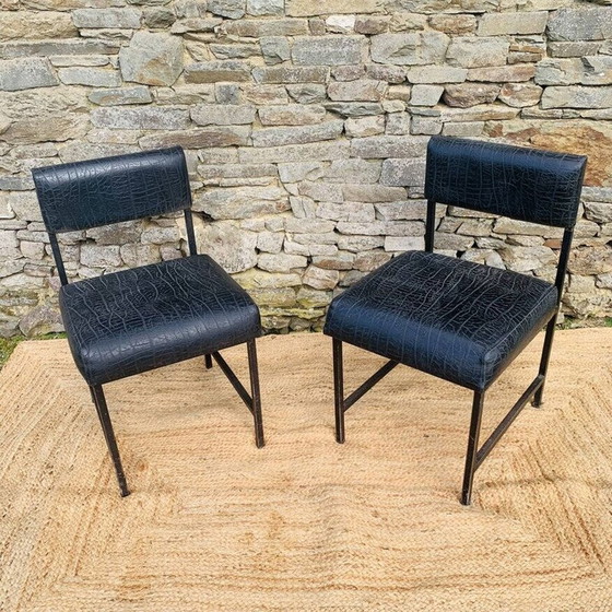Image 1 of Set of 4 vintage low chairs in black metal and matte black skai, 1980