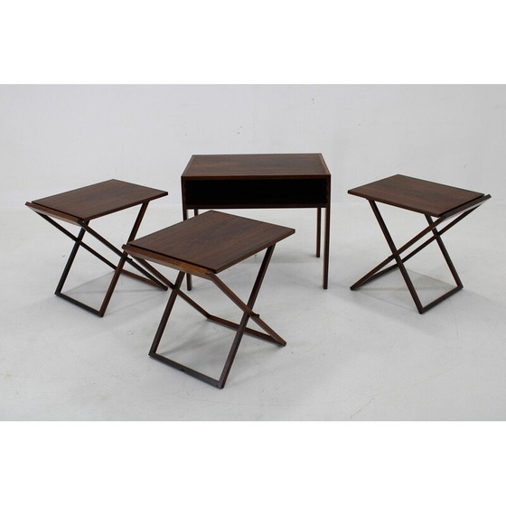 Image 1 of Mobiletto vintage con 3 tavoli pieghevoli di Illum Wikkelso per Silkeborg, Danimarca 1960