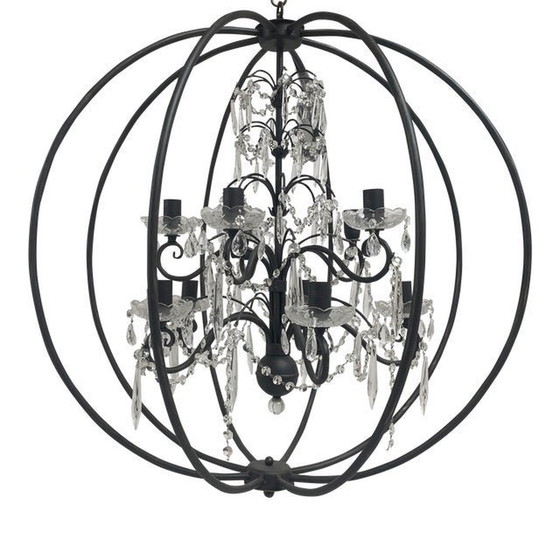 Image 1 of Black Metal 8 Lights Wrought Iron Florentine Art Chandelier Made In Italy