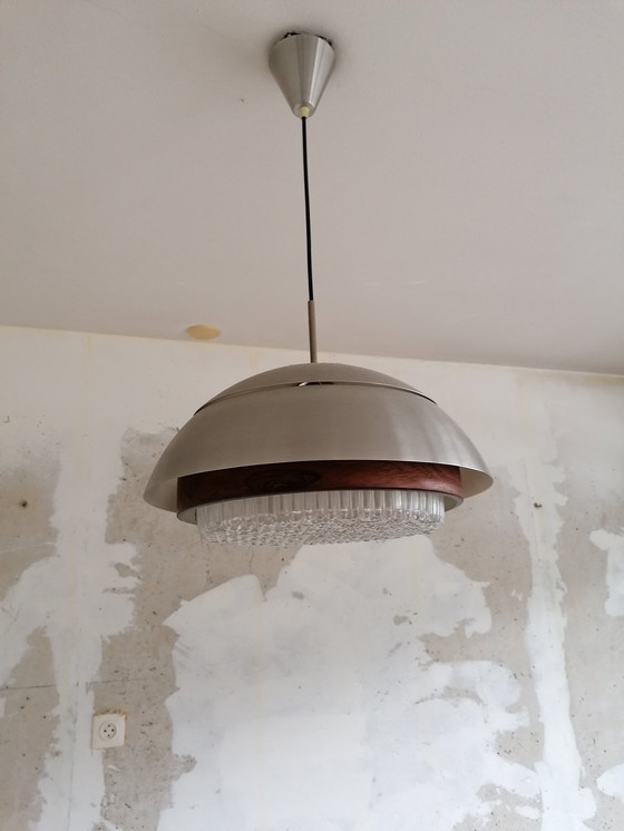 Image 1 of Stainless Steel Pendant Lamp With Wooden Rim And Crystal Lampshade