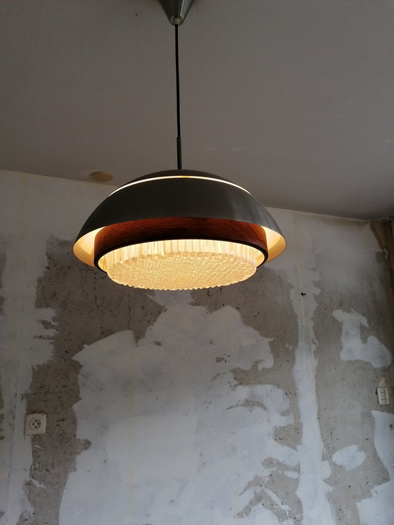 Image 1 of Stainless Steel Pendant Lamp With Wooden Rim And Crystal Lampshade