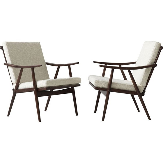 Image 1 of Pair of vintage wood and fabric armchairs for Ton, Czechoslovakia 1960