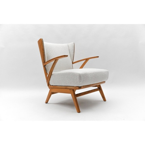 Vintage wingback armchair in white Boucle fabric and wood, Italy 1950