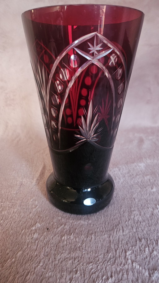 Beautiful Ruby Red Cut To Clear Polished Vase Bohemian