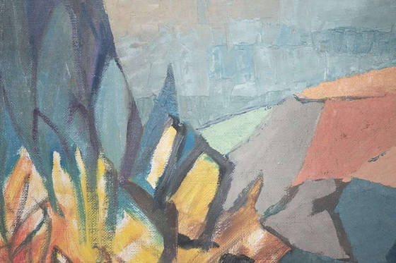 Image 1 of Danish 60s painting canvas, mountain&dal colorful art