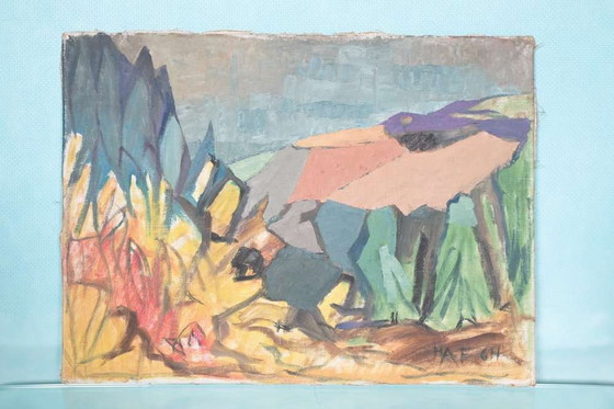 Image 1 of Danish 60s painting canvas, mountain&dal colorful art