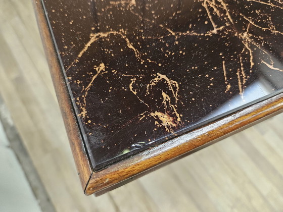 Image 1 of Mid Century Beech Table With Marble Effect Glass Top