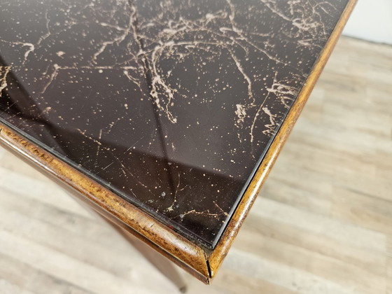 Image 1 of Mid Century Beech Table With Marble Effect Glass Top