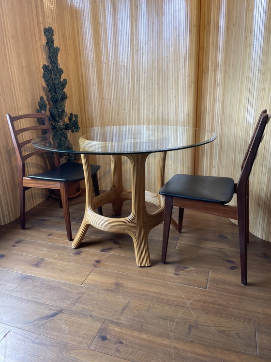 Image 1 of Vintage Round Bamboo Dining Room Table With Glass Top