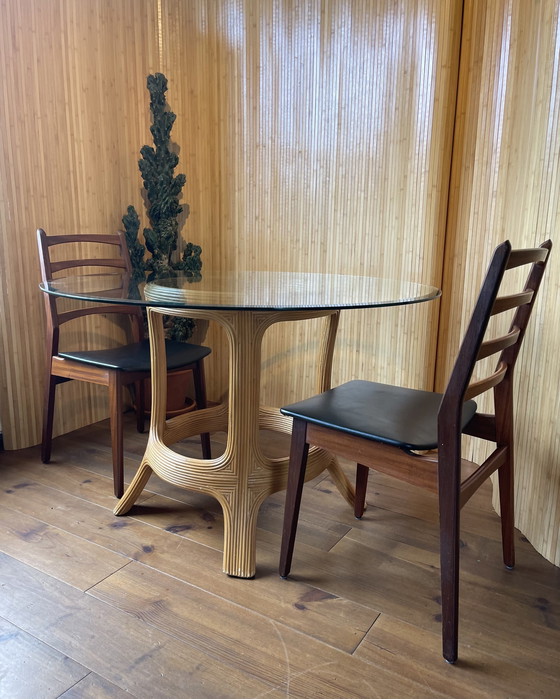 Image 1 of Vintage Round Bamboo Dining Room Table With Glass Top