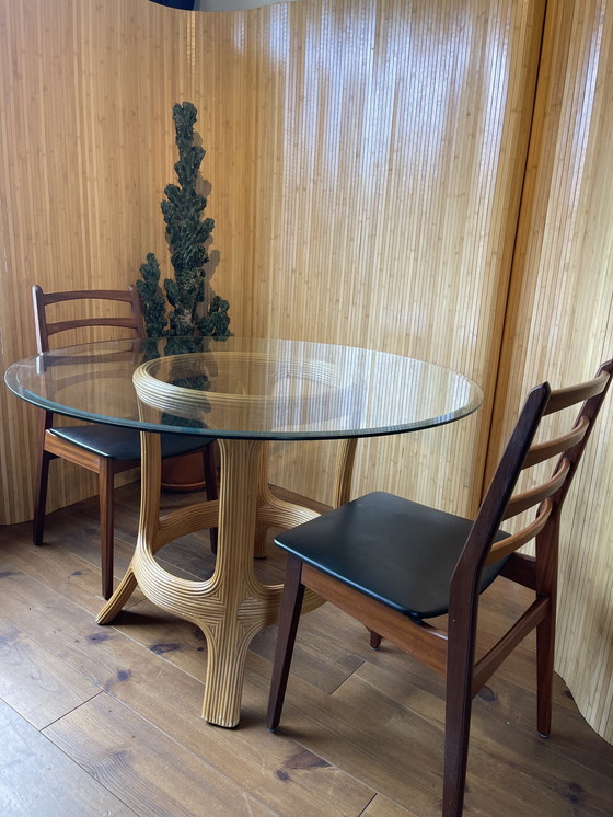 Image 1 of Vintage Round Bamboo Dining Room Table With Glass Top